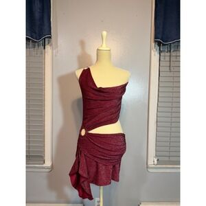 Metallic Red Mini Dress One Shoulder Cutout Ruched Party Club Dress Large